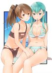  10s 2girls alternate_eye_color aqua_eyes aqua_hair beach between_legs bikini blush breasts brown_bikini brown_eyes brown_hair byte_(allbyte) cleavage cleavage_cutout collarbone front-tie_bikini front-tie_top green_bikini hair_between_eyes hair_ornament hairclip hand_between_legs highres kantai_collection kumano_(kantai_collection) large_breasts long_hair looking_at_viewer mouth_hold multiple_girls navel outside_border parted_lips ponytail sitting small_breasts smile straight_hair strap_pull string_in_mouth striped striped_bikini suzuya_(kantai_collection) swimsuit white_border 