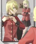  2girls black_skirt blonde_hair blue_eyes darjeeling earl_grey_(girls_und_panzer) epitaph_(1122) girls_und_panzer highres jacket long_hair looking_at_mirror miniskirt mirror multiple_girls red_jacket reflection skirt st._gloriana&#039;s_military_uniform 