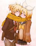 1boy 1girl bag black_skirt blue_eyes blush bow brother_and_sister brown_jacket brown_pants closed_mouth cowboy_shot denim face-to-face hair_bow hairband hand_in_pocket jacket kagamine_len kagamine_rin looking_at_another neckerchief necktie open_clothes open_jacket orange_hair pants pleated_skirt red_necktie scarf school_bag school_uniform serafuku shared_scarf short_hair short_ponytail siblings skirt smile twins vocaloid white_bow yellow_scarf yuzuriha_p 