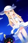  &gt;_&lt; 1girl anemone_noa bangs bare_shoulders beach blonde_hair blue_ribbon blunt_bangs blush bow bow_panties braid breasts closed_eyes clouds collarbone collared_dress commentary_request cosmog cowboy_shot dress dress_lift dutch_angle green_eyes groin hat hat_ribbon highres lillie_(pokemon) long_hair looking_at_viewer night night_sky ocean open_mouth outdoors panties pink_panties pokemon pokemon_(creature) pokemon_(game) pokemon_sm ribbon sand see-through sky sleeveless sleeveless_dress small_breasts standing star_(sky) sun_hat sundress twin_braids underwear white_dress white_hat 