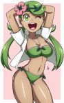  1girl :d arms_up bangs bikini breasts cleavage collared_shirt dark_skin flower flower_on_head green_bikini green_eyes green_hair groin hair_flower hair_ornament hips looking_at_viewer mallow_(pokemon) navel open_clothes open_mouth open_shirt pokemon pokemon_(game) pokemon_sm scott_bennett shiny shiny_skin shirt short_sleeves simple_background smile solo swept_bangs swimsuit teeth trial_captain twintails white_background 