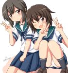  10s 2girls blush braid brown_eyes brown_hair double_v highres isonami_(kantai_collection) kantai_collection kneeling long_hair looking_at_viewer miyuki_(kantai_collection) multiple_girls one_eye_closed panties pantyshot pantyshot_(squatting) school_uniform serafuku short_hair skirt squatting tamayan tareme tsurime underwear v white_panties 