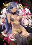  1girl 47agdragon arm_support ass_visible_through_thighs bangs bare_shoulders black_legwear black_wings blue_hair breasts demon_girl detached_sleeves eyepatch flower hand_on_own_chest highres horns leotard long_hair looking_at_viewer low_wings medium_breasts navel pink_eyes pointy_ears revealing_clothes see-through smile solo swept_bangs thigh-highs wings 