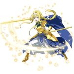  1girl alice_schuberg armor armored_boots armored_dress blonde_hair blue_eyes boots braid floating gauntlets hair_between_eyes hair_ribbon hairband holding holding_sheath holding_sword holding_weapon long_hair looking_at_viewer open_mouth ribbon solo spaulders sword sword_art_online transparent_background unsheathed very_long_hair weapon white_hairband white_ribbon 