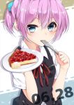  10s 1girl black_vest blouse blue_eyes buttons cake dated food fork fork_in_mouth hair_between_eyes hikobae holding holding_fork holding_plate kantai_collection pink_hair plate ponytail red_ribbon ribbon school_uniform shiranui_(kantai_collection) short_hair short_sleeves solo vest white_blouse 