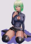  1girl blue_eyes blush bodysuit boots breasts cleavage_cutout dark_skin erect_nipples finger_to_mouth green_eyes green_hair heterochromia highleg highres hips kilye_4421 medium_breasts open_mouth original short_hair sitting skin_tight smile tan thigh-highs thigh_boots thighs wariza 