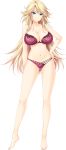  1girl amakimihara_monika ass_visible_through_thighs barefoot bikini blonde_hair blue_eyes breasts choco_chip collarbone ero_zemi floral_print full_body hand_on_hip highres large_breasts long_hair looking_at_viewer navel official_art red_swimsuit rose_print solo swimsuit transparent_background 