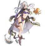  1girl alternate_costume athenawyrm bikini boots brown_boots brown_gloves cloak female_my_unit_(fire_emblem:_kakusei) fire_emblem fire_emblem:_kakusei fire_emblem_heroes fish fishing_net gloves jacket_on_shoulders looking_at_viewer my_unit_(fire_emblem:_kakusei) navel octopus polearm silver_hair simple_background smile solo stomach swimsuit thigh_strap trident twintails weapon 