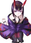  1girl bare_shoulders breasts collarbone eyeshadow from_above hair_ornament highres hinomoto_madoka horns japanese_clothes kimono long_sleeves looking_at_viewer looking_up makeup oni_horns purple_hair short_hair shuten_douji_(fate/grand_order) sitting small_breasts smile solo violet_eyes wariza wide_sleeves 
