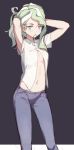  armpit_peek arms_up blue_eyes closed_mouth cropped denim detexted diana_cavendish expressionless green_hair hairband highres jeans little_witch_academia looking_at_viewer mouth_hold navel no_pupils open_clothes open_shirt pants qiongsheng shirt short_sleeves tying_hair 