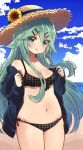  10s 1girl aqua_eyes beach bikini blush breasts cleavage clouds cloudy_sky commentary_request cowboy_shot day flower green_hair hair_ornament hairclip hat hat_flower highres kantai_collection long_hair looking_at_viewer medium_breasts navel open_clothes open_mouth polka_dot polka_dot_bikini side-tie_bikini sky smile solo standing sun_hat sunflower suzuki_toto swimsuit yamakaze_(kantai_collection) 
