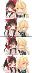  2girls :3 :d :o ^_^ ahoge black_hair blonde_hair blush bow braid brown_hair chocolate_hair closed_eyes detached_sleeves frilled_shirt_collar frilled_sleeves frills frown hair_bow hair_ribbon hair_tubes hakurei_reimu happy highres kirisame_marisa kosencha large_bow long_hair long_sleeves multiple_girls no_hat no_headwear open_mouth red_eyes ribbon sad short_hair short_hair_with_long_locks side_braid single_braid smile touhou very_long_hair vest wavy_hair yellow_eyes yuri 