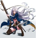  1girl ahoge belt braid breasts chokuro firearm granblue_fantasy gun hair_between_eyes large_breasts long_hair midriff navel open_mouth silva_(granblue_fantasy) silver_hair skirt solo twin_braids very_long_hair weapon yellow_eyes 