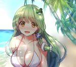  1girl bangs bare_shoulders beach bikini breasts cleavage dated eyebrows_visible_through_hair frog_hair_ornament green_hair hair_ornament halter_top halterneck kanzaki_maguro kochiya_sanae large_breasts looking_at_viewer ocean outdoors palm_tree shade shiny shiny_skin sketch snake_hair_ornament solo string_bikini swimsuit touhou tree upper_body white_bikini yellow_eyes 