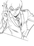  1boy arm_rest bent_over cigarette closed_mouth formal greyscale highres male_focus mob_psycho_100 monochrome necktie reigen_arataka short_hair shundei_(enig) sitting solo squinting striped striped_necktie suit 