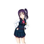  1girl artist_request bangs blush bow breasts hair_bow hands_on_hips kazuno_sarah long_hair looking_at_viewer love_live! love_live!_school_idol_festival love_live!_sunshine!! official_art pleated_skirt purple_hair school_uniform side_ponytail skirt smile solo violet_eyes 