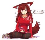  &gt;:) 1girl animal_ears blush breasts collarbone english eyebrows_visible_through_hair imaizumi_kagerou large_breasts long_sleeves looking_at_viewer medium_breasts red_eyes redhead sandals sitting smile solo speech_bubble tail touhou wavy_hair wolf_ears wolf_tail wool_(miwol) 