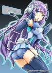  1girl adjusting_headset android ass bare_shoulders black_gloves black_legwear blue_eyes breasts company_name elbow_gloves eyebrows_visible_through_hair gloves headset large_breasts long_hair looking_at_viewer mohumohu-san parted_lips purple_hair shinkai_no_valkyrie solo thigh-highs 