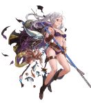  1girl bare_shoulders belt bikini boots braid breasts brown_eyes coat crown_braid female_my_unit_(fire_emblem:_kakusei) fire_emblem fire_emblem:_kakusei fire_emblem_heroes fish full_body gloves highres holding holding_weapon long_hair my_unit_(fire_emblem:_kakusei) o-ring_bikini octopus official_art one_eye_closed polearm solo swimsuit transparent_background trident twintails weapon white_hair 