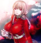  1girl bangs belt between_breasts braid breasts fate/grand_order fate_(series) florence_nightingale_(fate/grand_order) gloves large_breasts long_hair looking_at_viewer military military_uniform parted_lips pink_hair red_eyes skirt solo strap_cleavage uniform upper_body white_gloves yurizuka_(sergeant_heart) 