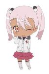  1girl chibi chloe_von_einzbern commentary_request dark-skinned_female dark_skin fate/kaleid_liner_prisma_illya fate_(series) full_body hair_between_eyes jacket long_hair long_sleeves lowres miniskirt no_nose official_art one_eye_closed pink_hair red_skirt simple_background skirt solo standing thigh-highs tongue tongue_out twintails white_background white_jacket white_thighhighs zettai_ryouiki 
