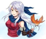  1girl armpit_peek bangs bare_shoulders bird black_gloves blue_scarf blush breasts elbow_gloves fingerless_gloves fire_emblem fire_emblem:_akatsuki_no_megami gloves half_updo long_hair looking_at_viewer medium_breasts micaiah parted_lips red_shirt saemon_(tonpura) scarf shirt silver_hair sleeveless sleeveless_shirt smile solo swept_bangs upper_body yellow_eyes 