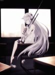  1girl ai_arctic_warfare animal_ears artist_name bangs barefoot bolt_action classroom closed_mouth desk dress dyolf expressionless frilled_dress frills from_side girls_frontline gun headphones highres holding holding_gun holding_weapon indoors knee_up long_hair looking_at_viewer original rifle scope shoes shoes_removed signature sitting sniper_rifle solo very_long_hair weapon white_dress white_shoes 