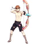  1boy alternate_costume arrow bow_(weapon) candy candy_print drawing_bow fire_emblem fire_emblem:_kakusei fire_emblem_heroes food food_in_mouth full_body gaia_(fire_emblem) green_eyes hako_ichiiro highres lollipop male_focus male_swimwear official_art popsicle redhead sandals solo swim_trunks swimwear transparent_background weapon wide_stance 