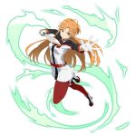  1girl asuna_(sao) brown_eyes brown_hair floating_hair full_body gloves holding holding_sword holding_weapon long_hair looking_at_viewer one_leg_raised outstretched_arm pantyhose red_legwear solo sword sword_art_online transparent_background very_long_hair weapon white_gloves 