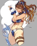  1girl bare_shoulders beatrix_(granblue_fantasy) belt bikini breasts brown_eyes brown_hair cleavage detached_collar glasses_on_head granblue_fantasy groin hair_ribbon highres large_breasts long_hair looking_at_viewer navel one_eye_closed open_mouth ponytail ribbon shoohee smile solo standing star swimsuit sword thigh_strap weapon 