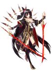  1girl black_hair black_legwear breasts cleavage dual_wielding full_body funnels high_heels highres kyougoku_touya long_hair long_sleeves original red_eyes simple_background solo sword very_long_hair weapon white_background 