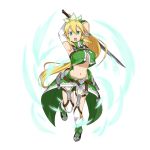  1girl arms_u blonde_hair breasts cleavage crop_top detached_sleeves floating_hair full_body green_eyes hair_ornament high_ponytail holding holding_sword holding_weapon large_breasts leafa long_hair looking_at_viewer midriff navel open_mouth ponytail solo stomach sword sword_art_online transparent_background very_long_hair weapon white_legwear 