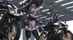  1girl 2boys absurdres black_boots black_hat black_legwear blue_eyes boots earrings goggles goggles_on_head ground_vehicle gun hat helmet highres holding holding_gun holding_weapon jewelry knee_pads looking_away motor_vehicle motorcycle multiple_boys navel original short_hair silver_hair ssamjang_(misosan) thigh-highs weapon 