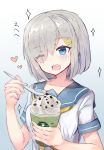  1girl ;d blue_eyes blush breasts commentary eating hair_ornament hair_over_one_eye hairclip hamakaze_(kantai_collection) heart highres looking_at_viewer medium_breasts one_eye_closed open_mouth school_uniform serafuku short_hair short_sleeves silver_hair smile solo starbucks upper_body xenonstriker 