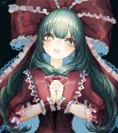  1girl bangs black_background blunt_bangs commentary_request corset dress earrings front_ponytail green_eyes green_hair hair_ribbon hands_clasped head_tilt jewelry kagiyama_hina long_hair looking_at_viewer mokokiyo_(asaddr) puffy_short_sleeves puffy_sleeves red_dress red_ribbon ribbon ringed_eyes short_sleeves signature simple_background smile solo touhou upper_body wrist_cuffs 