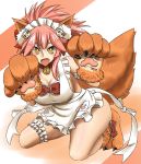  1girl @_@ animal_ears apron bell bell_collar blush breasts cleavage collar collarbone fangs fate/grand_order fate_(series) fox_ears fox_tail hair_ornament hair_ribbon highres large_breasts long_hair looking_at_viewer maid_headdress naked_apron open_mouth paws pink_hair ribbon solo tail tamamo_(fate)_(all) tamamo_cat_(fate) thirukin type-moon yellow_eyes 