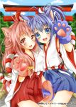  2girls animal_ears blue_eyes blue_hair blue_skirt blush breasts cat_ears cat_paws cleavage collarbone company_name eyebrows_visible_through_hair hand_holding japanese_clothes large_breasts long_hair long_sleeves looking_at_viewer miko mohumohu-san multiple_girls open_mouth paws pink_eyes pink_hair red_skirt shinkai_no_valkyrie skirt smile tape teeth torii 