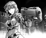  1girl a4typhoon aiming building ghost_in_the_shell ghost_in_the_shell_stand_alone_complex gloves greyscale gun handgun highres kusanagi_motoko medium_hair midriff monochrome navel parted_lips photo_background solo weapon 