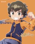  1boy brown_eyes brown_hair character_name clenched_hand cowboy_shot danball_senki grin highres jacket keitomato male_focus orange_background outline simple_background smile solo twitter_username yamano_ban 