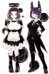  10s 2girls alternate_costume black_gloves blue_hair blush boots breasts butler eyepatch full_body gloves hand_on_hip heart high_heel_boots high_heels kantai_collection large_breasts looking_at_viewer maid mato_tsuyoi mechanical_halo multiple_girls purple_hair sharp_teeth short_hair smile tatsuta_(kantai_collection) teeth tenryuu_(kantai_collection) violet_eyes white_gloves yellow_eyes 