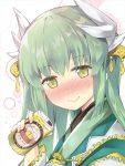  1girl alcohol beer beer_bottle blush fate/grand_order fate_(series) green_hair hair_ornament horns japanese_clothes kimono kiyohime_(fate/grand_order) long_hair looking_at_viewer rioshi smile solo yellow_eyes 