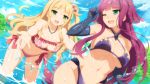  2girls ;d bangs bikini black_gloves blunt_bangs breasts bush cleavage criss-cross_halter day dutch_angle elbow_gloves eyebrows_visible_through_hair frilled_bikini frills game_cg gloves green_eyes halterneck jewelry large_breasts leaning_forward long_hair looking_at_another moegihara_arisa multiple_girls necklace one_eye_closed one_side_up open_mouth outdoors outstretched_arms partially_submerged pink_bikini purple_bikini purple_hair sakura_nova setsuna_kaguya smile sparkle splashing standing sunlight swimsuit very_long_hair wanaca water water_drop wet 