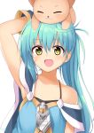  1girl :d animal animal_on_head arm_behind_head arm_up artist_logo bangs bare_shoulders blue_gloves blue_hair blue_shirt cat cat_on_head collarbone commentary_request eyebrows_visible_through_hair gloves hair_between_eyes highres long_hair looking_at_viewer mahcdai off-shoulder_shirt on_head open_mouth original planol_note ponytail scar_on_cheek shiny shiny_hair shirt simple_background smile solo spaghetti_strap tareme upper_body white_background yellow_eyes zipper_pull_tab |3 
