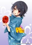  1girl black_hair blue_background blue_kimono blush brown_eyes candy_apple company_name eyebrows_visible_through_hair food hair_ornament japanese_clothes kimono looking_at_viewer mohumohu-san open_mouth shinkai_no_valkyrie short_hair solo x_hair_ornament yukata 