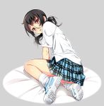  1girl bangs black_hair blue_skirt blush dress_shirt eyebrows_visible_through_hair from_behind grey_background looking_at_viewer looking_back low_twintails nyoronyoro open_mouth original pink_eyes pleated_skirt shirt shoes short_sleeves simple_background sitting skirt sneakers socks solo thighs twintails wavy_hair white_legwear white_shirt 