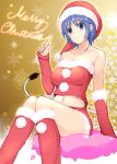  1girl arm_support bare_shoulders blue_eyes blue_hair blush boots breasts christmas closed_mouth collarbone detached_sleeves doremy_sweet female hand_up hat index_finger_raised jajao knees_together_feet_apart looking_at_viewer matching_hair/eyes medium_breasts merry_christmas midriff navel neck red_boots red_detached_sleeves red_tubetop santa_costume santa_hat shiny shiny_hair short_hair sitting smile snowflakes snowflakes_background solo star strapless tail touhou tubetop 