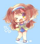  10s 1girl blue_background brown_eyes brown_hair chibi full_body hairband i-26_(kantai_collection) kantai_collection kouu_hiyoyo light_brown_eyes light_brown_hair long_hair new_school_swimsuit one_eye_closed sandals school_swimsuit simple_background solo standing swimsuit two-tone_hairband two_side_up 