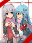  2girls :d antenna_hair bangs blue_eyes blue_hair blue_ribbon blurry bow box box_of_chocolates casual character_request coat commentary_request depth_of_field expressionless eyebrows_visible_through_hair fingernails frame fringe grey_coat grey_hair hair_between_eyes hair_intakes hair_ornament hair_ribbon hand_on_another&#039;s_arm head_tilt heart highres holding holding_box long_hair long_sleeves looking_at_viewer mahcdai multiple_girls musical_note musical_note_hair_ornament object_hug open_mouth orange_eyes original parted_lips pink_scarf planol_note quaver red_bow red_ribbon red_scarf ribbon sack scar_on_cheek scarf sidelocks simple_background smile tress_ribbon valentine white_background 