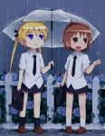  2girls alice_(openhexagon) black_legwear black_necktie black_ribbon black_skirt blonde_hair blue_eyes blush brown_eyes brown_shoes eyebrows_visible_through_hair fence flower hair_ribbon highres holding holding_umbrella kill_me_baby kneehighs long_hair looking_away looking_up multiple_girls necktie open_mouth oribe_yasuna parted_lips puddle rain ribbon shoes short_hair skirt smile sonya_(kill_me_baby) twintails umbrella white_legwear 