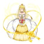  1girl blonde_hair bouquet breasts bridal_veil choker cleavage closed_eyes collarbone dress floating_hair flower full_body hair_flower hair_ornament hair_ribbon high_ponytail holding holding_bouquet leafa looking_at_viewer medium_breasts pointy_ears red_flower ribbon sidelocks sleeveless sleeveless_dress solo strapless strapless_dress sword_art_online transparent_background veil violet_eyes white_dress white_flower wthie_ribbon yellow_flower yellow_ribbon 